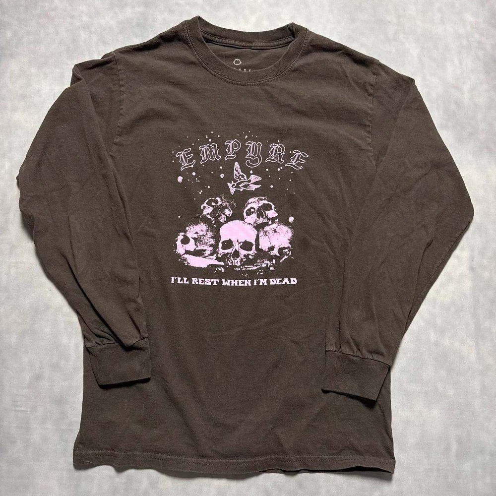 Empyre Skull Graphic Long Sleeve Shirt Mens Small Brown Good Streetwear Tee
